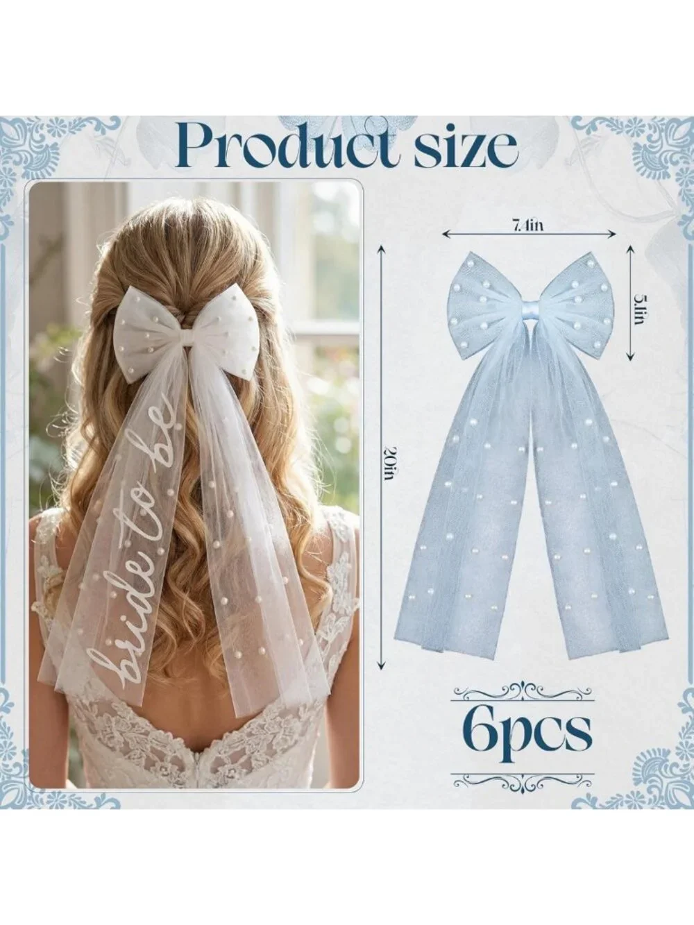 Bachelorette Party Favor Set - 6 Pcs Bride & Bridesmaid Veil, Pearl Hair Pins